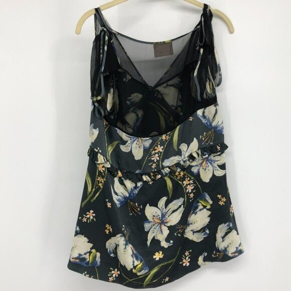 Cinq a sept (5 a 7) floral lily print black satin mesh  panel tie shoulders - Picture 2 of 13